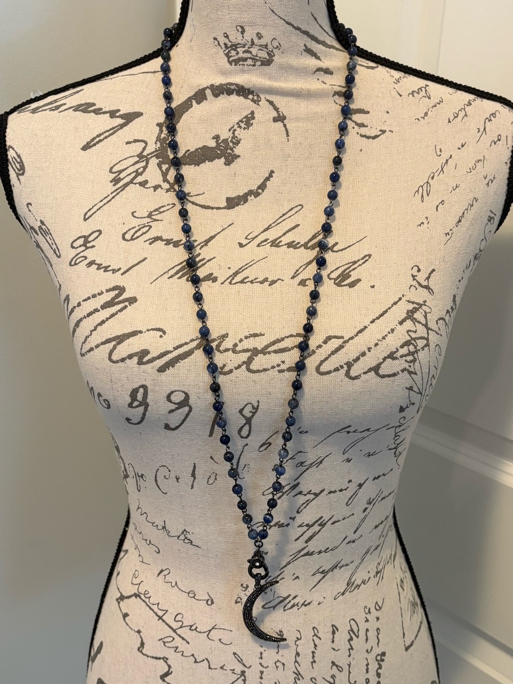 Marlyn Schiff Blue Natural Stone Beaded Moon Necklace Gunmetal Pavé 36”